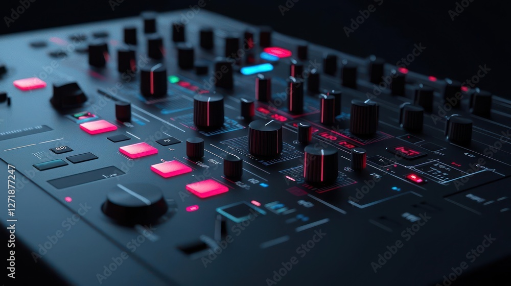 Fototapeta premium Closeup of a Black Audio Mixer with Red and Blue Lights