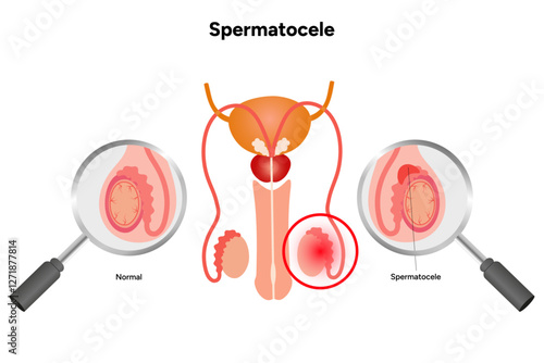 Spermatocele Testicular disease. Man reproductive health system pain testicle pathology problem. Medical diagram 
