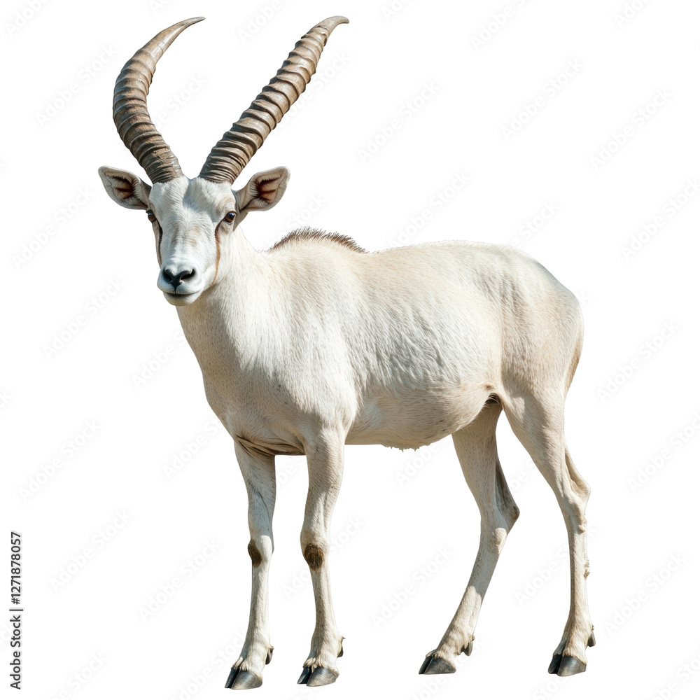 Fototapeta premium Majestic White Antelope with Twisted Horns on a white background.