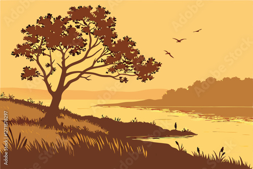 S erene sunset over a tranquil lake, golden hour reflection on water, silhouette of lone tree on grassy shore, distant treeline, warm orange sky, peaceful landscape, romantic atmosphere, nature phot