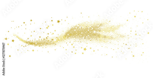 Gold glimmering stars, dust trail, golden explosion effect, transparent background, shimmering glow, sparkling cosmic dust, light trails, starlight explosion, fantasy sparkle