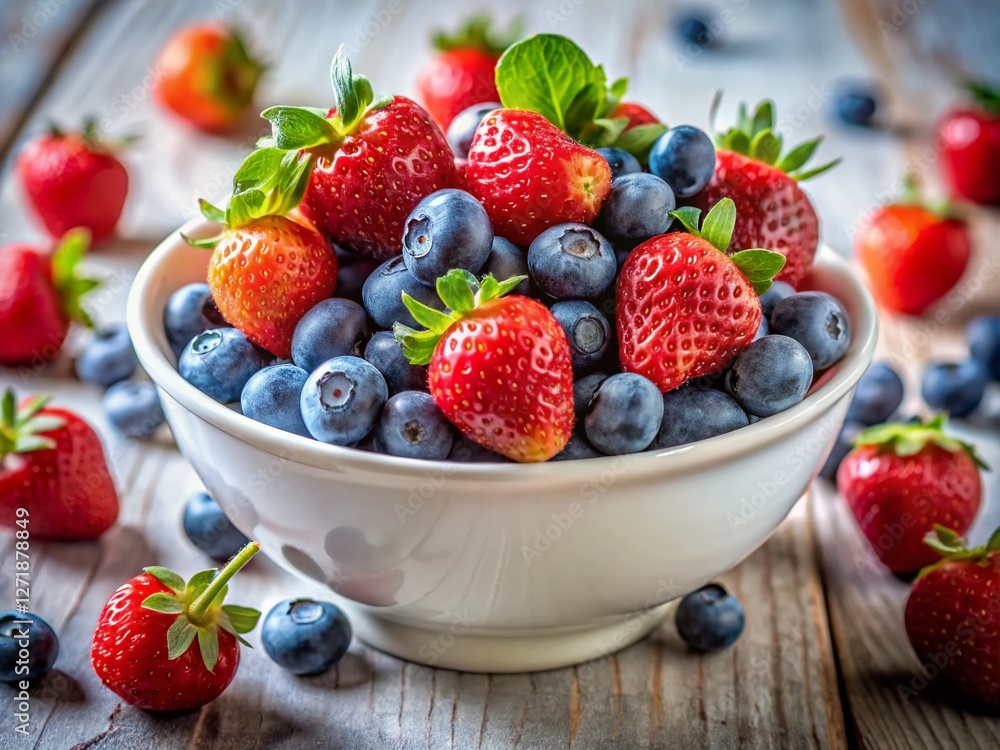 Fresh Blueberries & Strawberries in White Bowl - Summer Fruit Still Life Photography Fresh Blueberries & Strawberries in White Bowl - Summer Fruit Still Life Photography