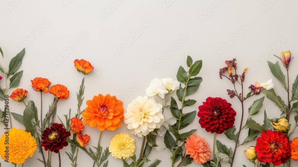 Fototapeta premium Flat lay of bright fall florals in vibrant oranges, reds, and yellows, with a variety of blooms including dahlias and marigolds, on a neutral beige surface, elegant and natural feel, sharp clarity
