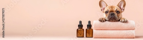 Adorable French Bulldog Posing with Essential Oil Bottles and Soft Towels on a Peach Backdrop
