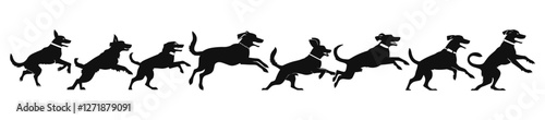 Group of different breeds dogs jumping, running vector silhouette, various dog breeds, dog action silhouettes, running dogs, jumping dogs, animal vector collection