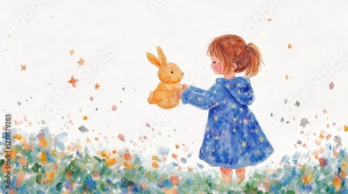 A watercolor illustration of a little girl lovingly holding a plush bunny, capturing a heartwarming moment of innocence. Ideal for children's book covers, illustrations for nursery rooms, or joyful de photo