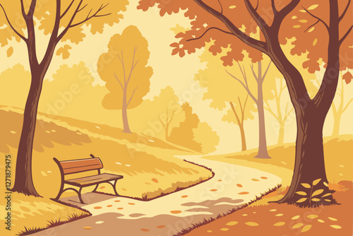  Autumn park scene, golden leaves on path, wooden bench, falling leaves, bokeh effect, soft focus, vibrant yellow foliage, tranquil atmosphere, dappled sunlight, nostalgic mood, serene landscape, ph
