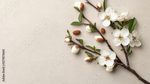 Flat lay of Easter apricot blossoms and almond twigs, elegantly positioned on a pastel beige background, subtle and modern botanical design, ample copy space for versatile use photo