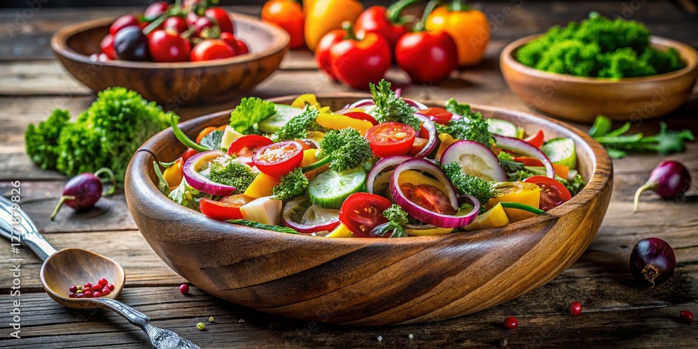 Fresh Colorful Vegetable Salad in Rustic Bowl – Vibrant Healthy Food Photography Fresh Colorful Vegetable Salad in Rustic Bowl – Vibrant Healthy Food Photography
