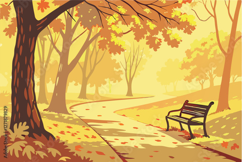  Autumn park scene, golden leaves on path, wooden bench, falling leaves, bokeh effect, soft focus, vibrant yellow foliage, tranquil atmosphere, dappled sunlight, nostalgic mood, serene landscape, ph