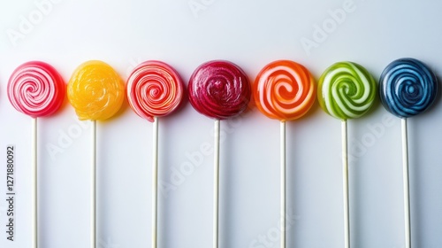 A group of lollipops arranged in a rainbow pattern on a white surface, showcasing a variety of colors and flavors in a visually appealing display.