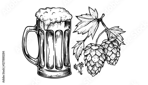 Hand drawn vector illustration of a beer mug with foam, hops plant, engraving style, vintage alcohol drink, black vector illustration for brewery, emblem, menu, label design, poster