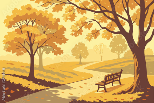 Autumn park scene, golden leaves on path, wooden bench, falling leaves, bokeh effect, soft focus, vibrant yellow foliage, tranquil atmosphere, dappled sunlight, nostalgic mood, serene landscape, ph