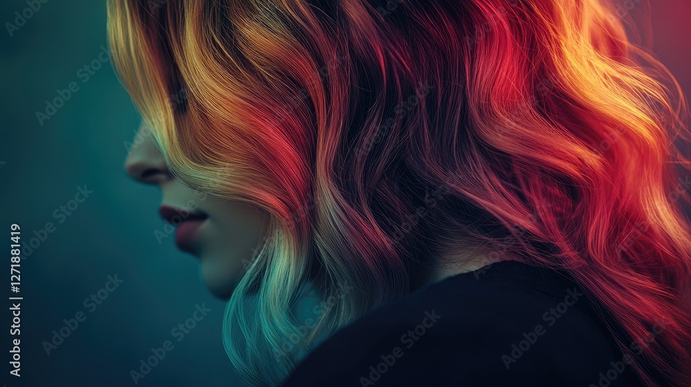 Fototapeta premium A high-resolution image of a woman with vibrant hair color and an ombr effect, highlighting the gradual transition from dark to light tones.