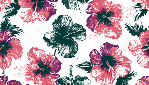 Hawaiian style hibiscus flowers wallpaper grunge floral pattern vector illustration, tropical design, exotic nature, vibrant background, seamless, summer flowers, floral art