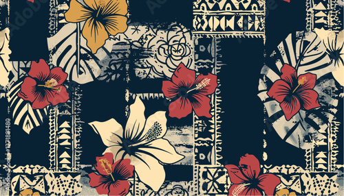 Hawaiian tapa tribal elements, hibiscus flowers, vintage abstract patchwork, grunge effect, seamless pattern, vector illustration, tribal art, tropical design, boho pattern