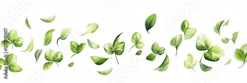 Line of green leaves are flying through the air