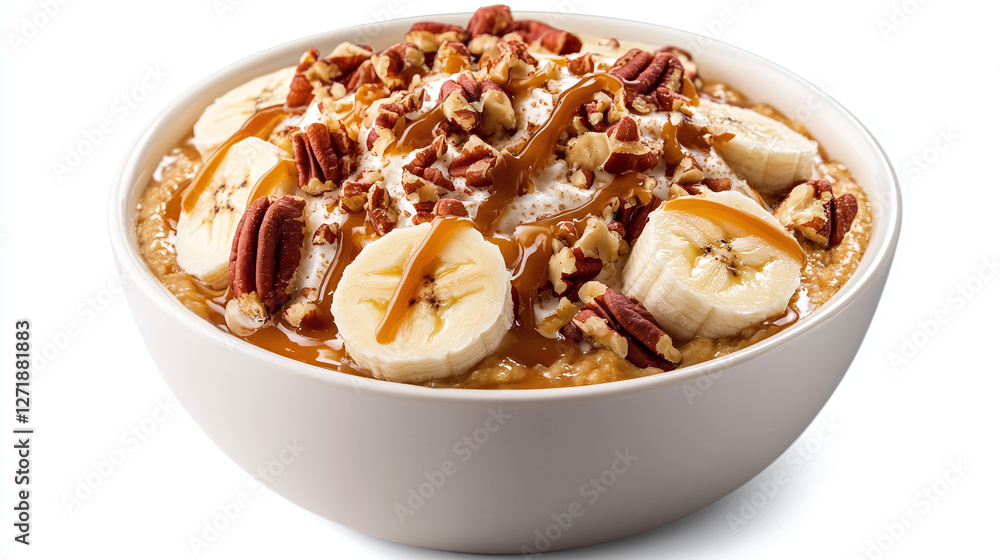Bowl with caramel pudding with sliced bananas, chopped pecans, and a caramel drizzle, isolated on a white background, side and top view, dessert bundle. Bowl with caramel pudding with sliced bananas, chopped pecans, and a caramel drizzle, isolated on a white background, side and top view, dessert bundle.