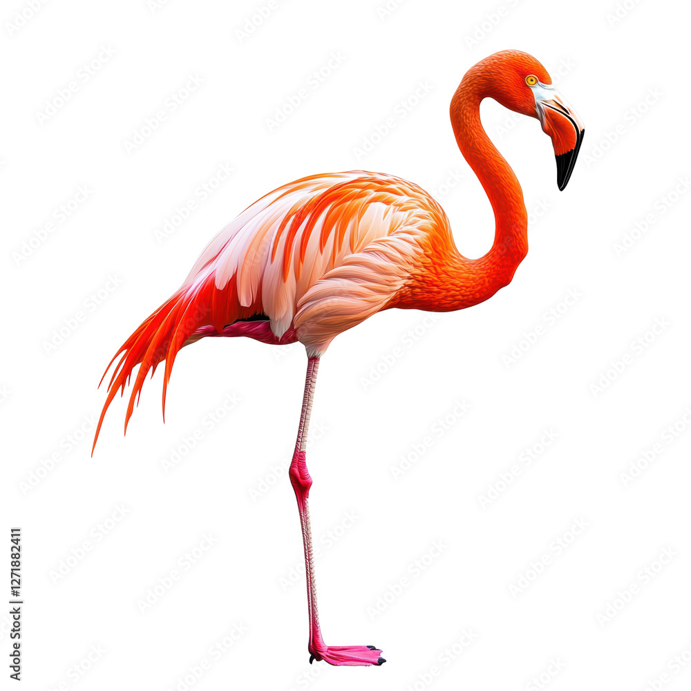 Obraz premium Stunning Flamingo Displaying Vibrant Feathers on white background