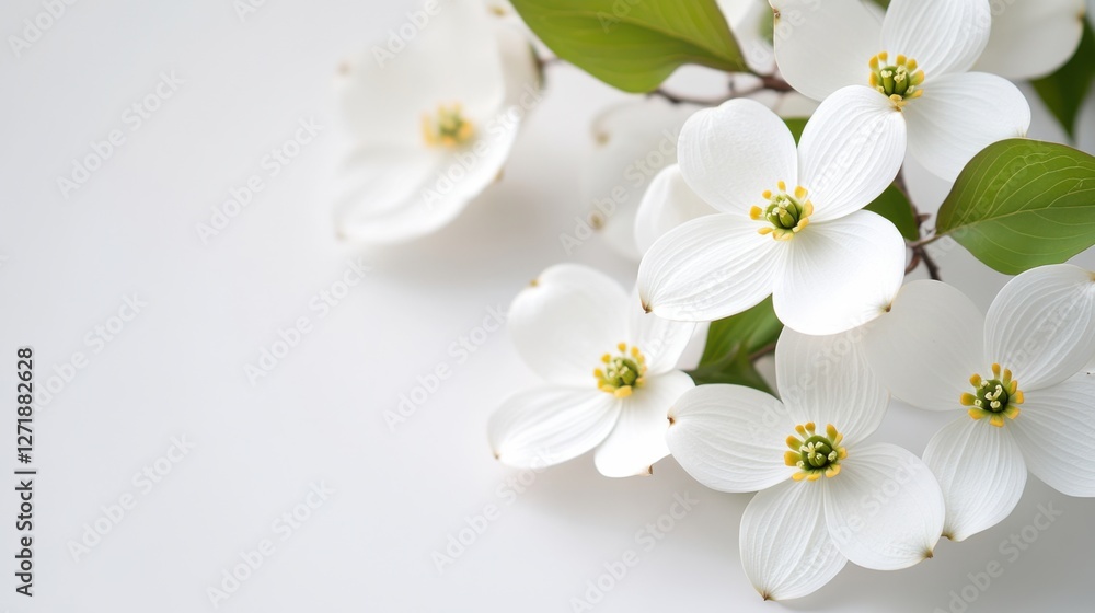 Fresh white dogwood blossoms with hints of yellow centers, presented on a clean white background, natural elegance and intricate petal details, bright and refreshing aesthetic, ultra-realistic Fresh white dogwood blossoms with hints of yellow centers, presented on a clean white background, natural elegance and intricate petal details, bright and refreshing aesthetic, ultra-realistic