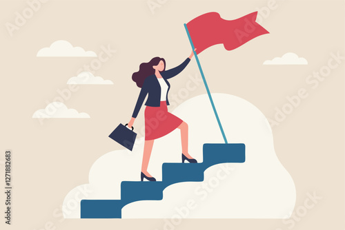 Success fearless female entrepreneur, woman leadership or challenge and achievement concept, success businesswoman on top of career staircase holding winning flag looking for future visionary.