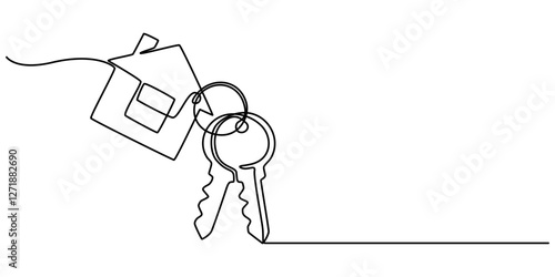 Continuous one line art drawing symbol of house keys, Real Estate Line Icon Vector Design, Single continuous line drawing keychain with key ring, two keys and a pendant house locket. minimal style.