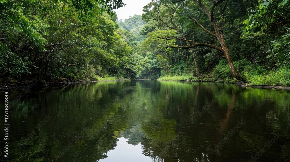 Serene River Reflecting Lush Green Rainforest Canopy Serene River Reflecting Lush Green Rainforest Canopy