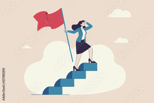 Success fearless female entrepreneur, woman leadership or challenge and achievement concept, success businesswoman on top of career staircase holding winning flag looking for future visionary.