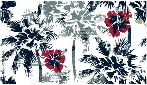 Photography Grunge vector floral pattern, Hibiscus flowers, palm tree background, seamless f