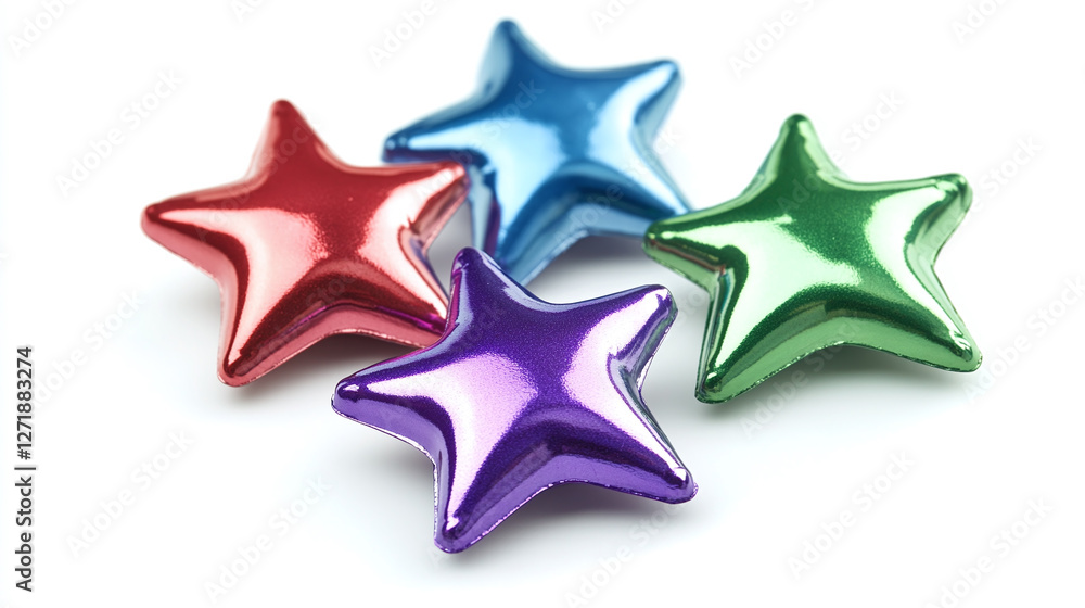 Set of simple metallic stars in different colours as design elements, red, green, blue and purple, isolated on a white background. Set of simple metallic stars in different colours as design elements, red, green, blue and purple, isolated on a white background.