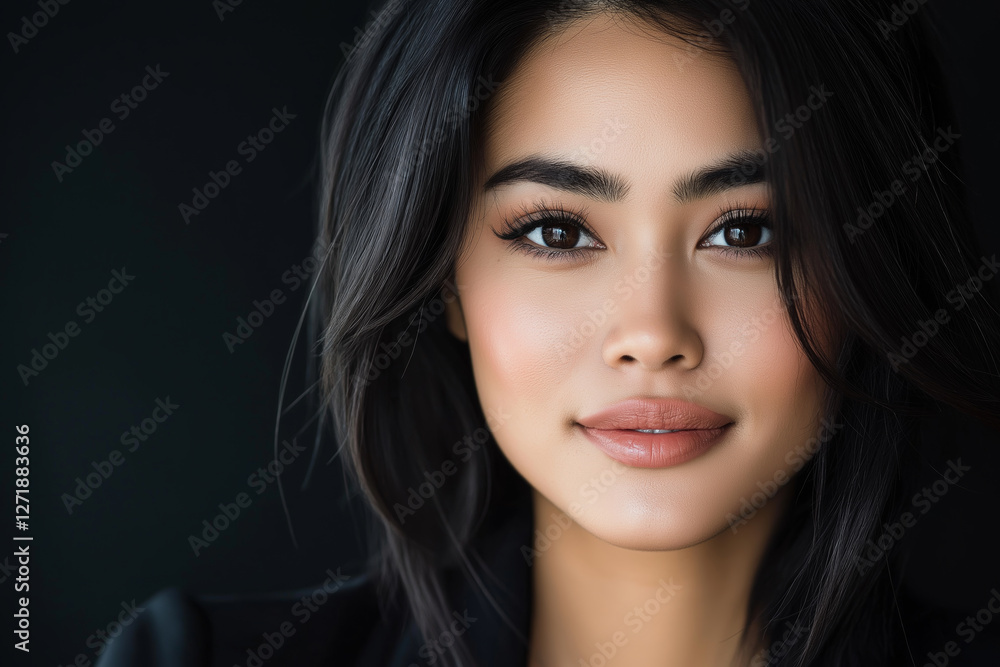 Portrait of a Confident Young Woman with Natural Makeup and Dark Hair Against Black Background Portrait of a Confident Young Woman with Natural Makeup and Dark Hair Against Black Background