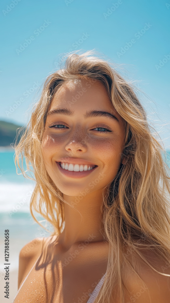 Joyful summer glow: woman smiling and applying sunscreen by the sea Joyful summer glow: woman smiling and applying sunscreen by the sea