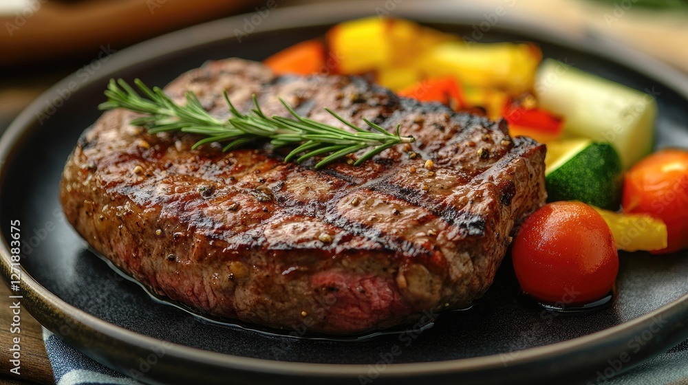 A perfectly grilled steak on a plate, with a juicy pink center and a golden-brown crust, garnished with a sprig of rosemary and served with a side of vegetables. A perfectly grilled steak on a plate, with a juicy pink center and a golden-brown crust, garnished with a sprig of rosemary and served with a side of vegetables.