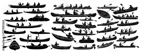 vector illustration silhouette kayak canoe inflatable boats, collection of boats, paddle, water sports, outdoor adventure, canoeing, kayaking, inflatable boats design, water activities