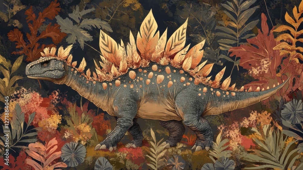 Decorative illustration of a stegosaurus surrounded by foliage Decorative illustration of a stegosaurus surrounded by foliage