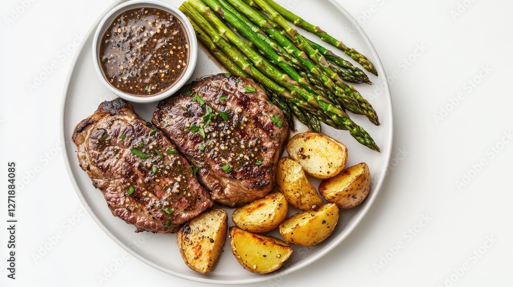 A plate of steak served with a rich peppercorn sauce, accompanied by roasted potatoes and asparagus, arranged on a white background to highlight the dish's details. A plate of steak served with a rich peppercorn sauce, accompanied by roasted potatoes and asparagus, arranged on a white background to highlight the dish's details.