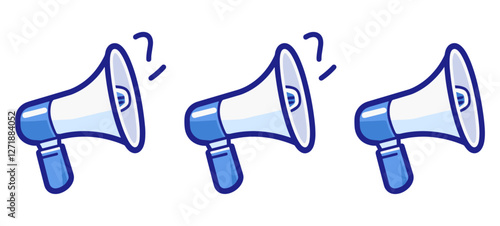Loudspeaker icon, vector illustration, megaphone, blue icons, three styles, isolated on white background, sound system, speaker symbol, audio device, communication tool