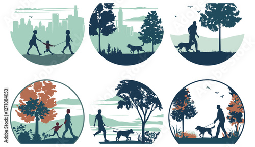Man woman children run walk with dog in park forest city silhouette, landscape vector labels collection, outdoor activity, family lifestyle, nature scene, park run, forest walk