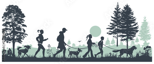 Man woman children with dog in park forest city, run walk vector labels collection, family silhouette, nature landscape, active outdoor, fitness lifestyle, joyful walk, city park silhouette