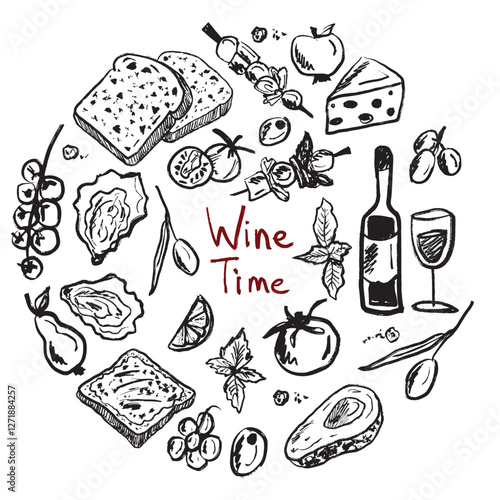 Wine time round logo design. Glass bottle with red wine and french snacks for lunch in brush stroke texture isolated on white background. Hand drawn vector sketch illustration in vintage charcoal ink