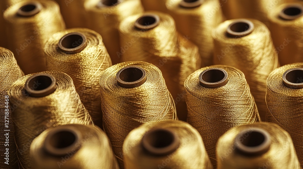 Fototapeta premium Golden spools of thread. Sewing thread. Craft sewing background