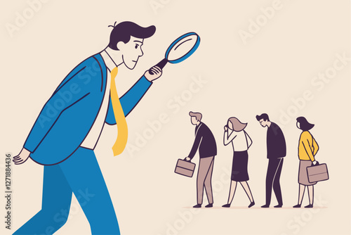 Recruitment searching the best candidate or job, Human resources, head hunt, choosing talent for job vacancy concept, employer boss or HR use magnifying glass to choose job interview people