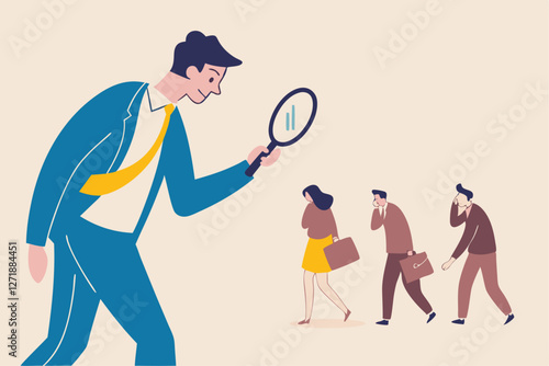 Recruitment searching the best candidate or job, Human resources, head hunt, choosing talent for job vacancy concept, employer boss or HR use magnifying glass to choose job interview people