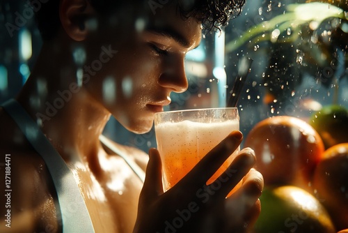 Cinematic rendering of fitness enthusiast drinking post workout smoothie vibrant fruit background realistic sweat detail glowing natural lighting centered golden ratio composition ultra detailed photo