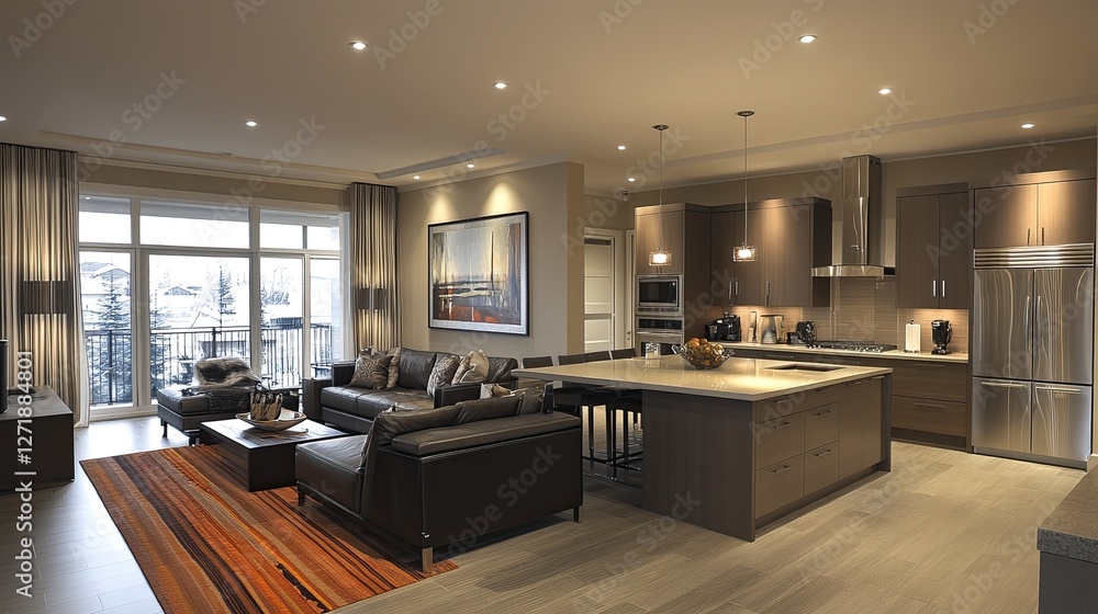 The interior of a new luxury home with an open-concept living and kitchen space, including a large island and stainless steel appliances. - The interior of a new luxury home with an open-concept living and kitchen space, including a large island and stainless steel appliances. -