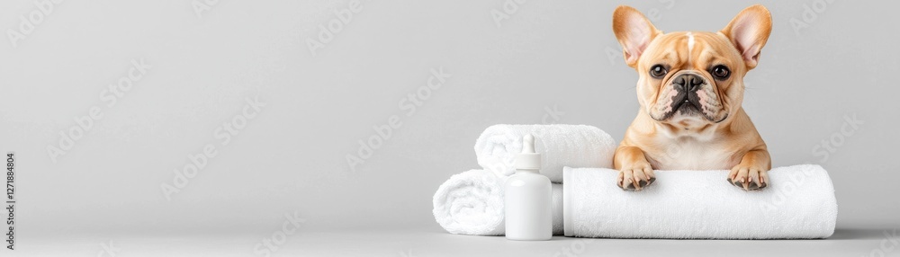 French Bulldog Portrait with Rolled Towels on a Gray Background Canine Cleanliness and Grooming Concept