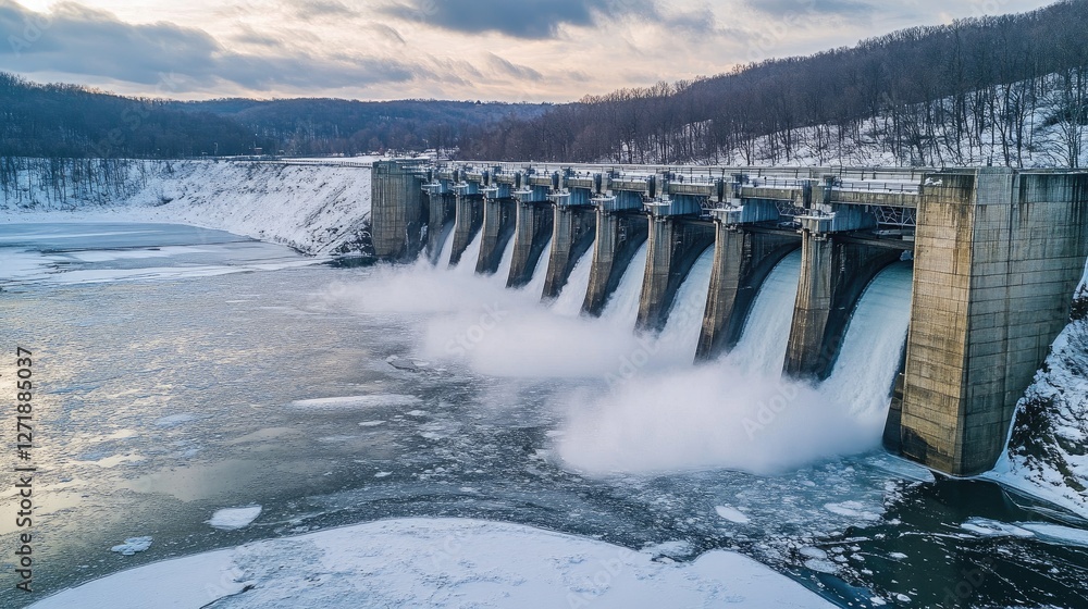 Fototapeta premium A seasonal shot of a dam in winter, with snow-covered surroundings and ice forming on the reservoir, highlighting the dam's functionality in different weather conditions.