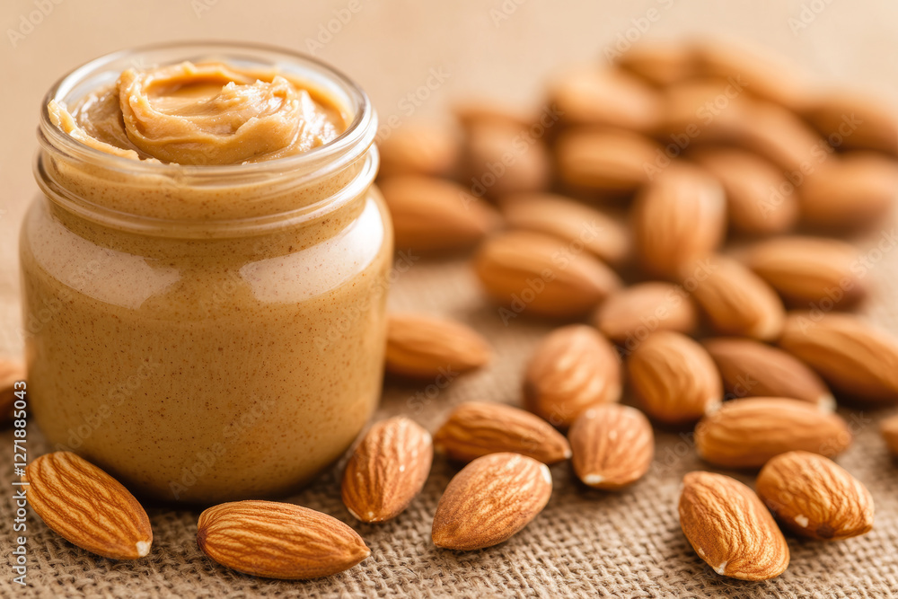 Creamy Almond Butter in a Glass Jar Surrounded by Whole Almonds on Burlap Creamy Almond Butter in a Glass Jar Surrounded by Whole Almonds on Burlap
