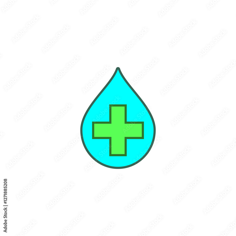 Colorful icon of a green cross inside a blue water drop. Color vector illustration on white background. Colorful icon of a green cross inside a blue water drop. Color vector illustration on white background.