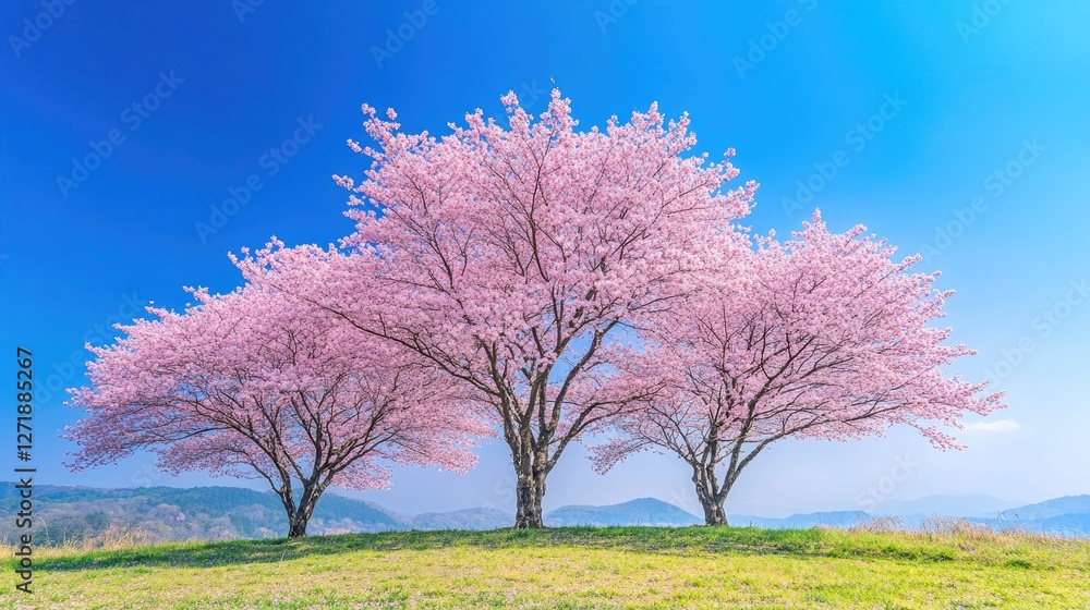A serene landscape featuring cherry blossom trees in full bloom with delicate pink petals against a clear blue sky, capturing the beauty of a sakura grove. A serene landscape featuring cherry blossom trees in full bloom with delicate pink petals against a clear blue sky, capturing the beauty of a sakura grove.